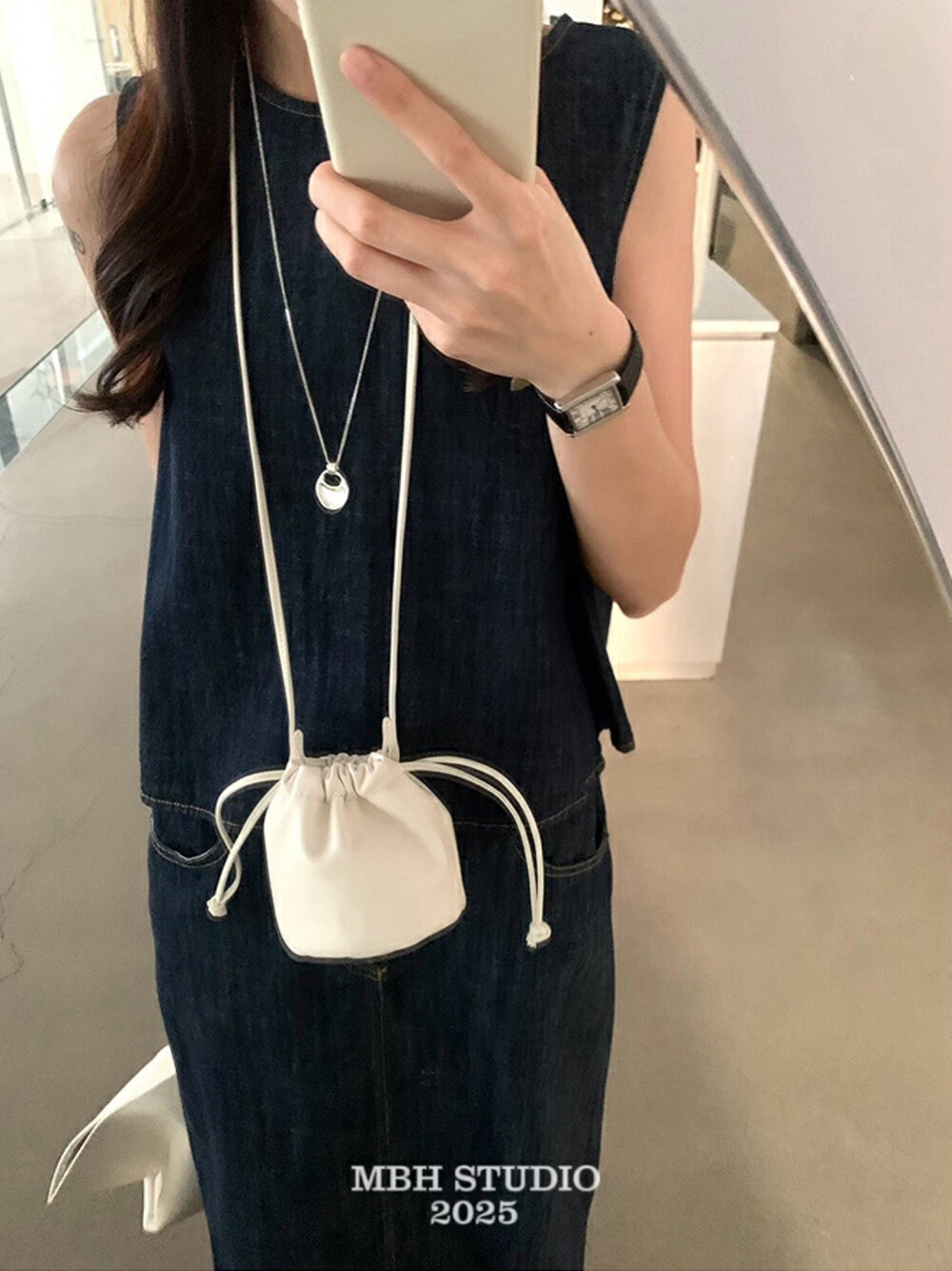 MBH Sheepskin Leather Mini Drawstring Bucket Bag Crossbody with Box