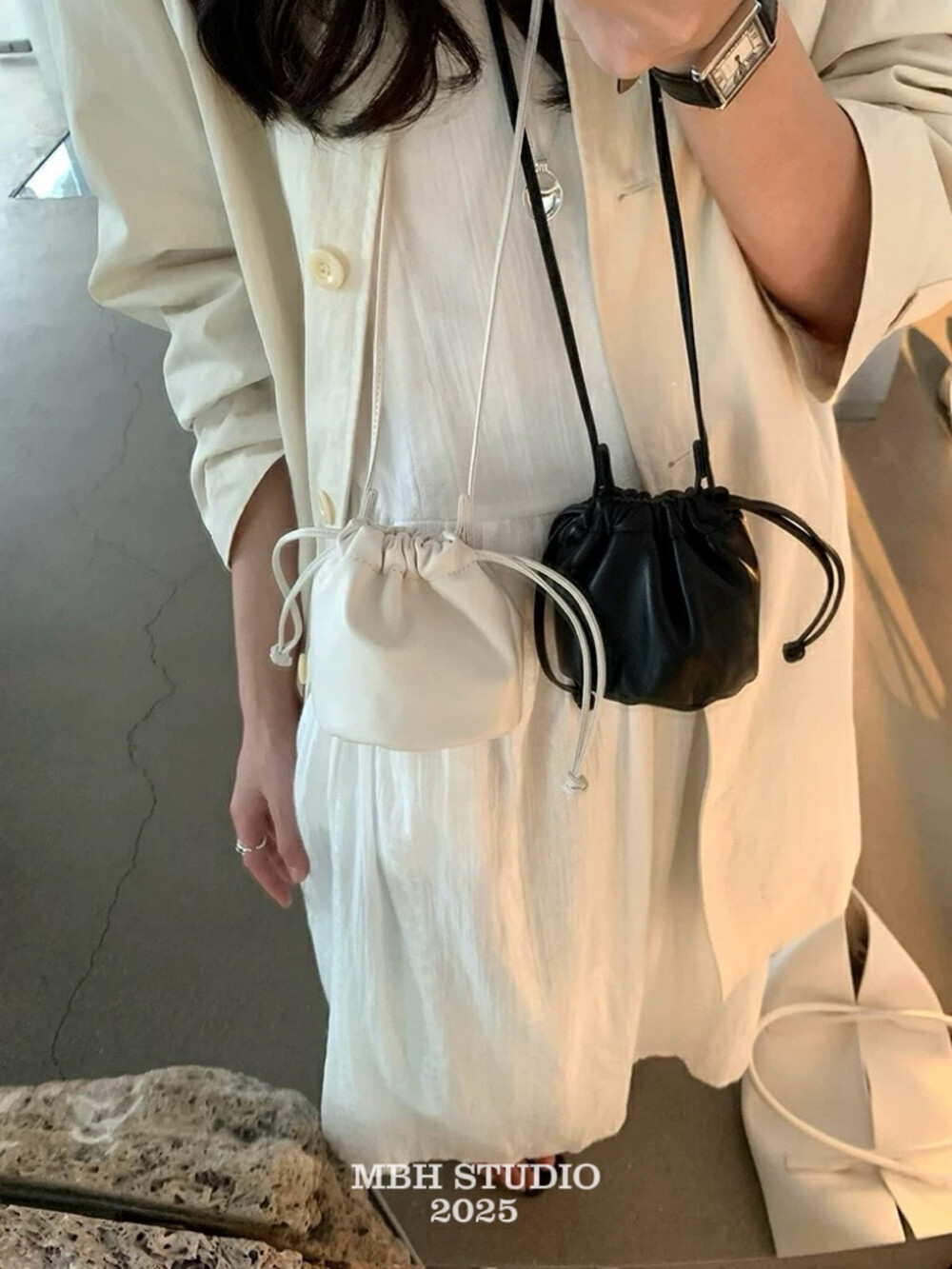 MBH Sheepskin Leather Mini Drawstring Bucket Bag Crossbody with Box - Image 4