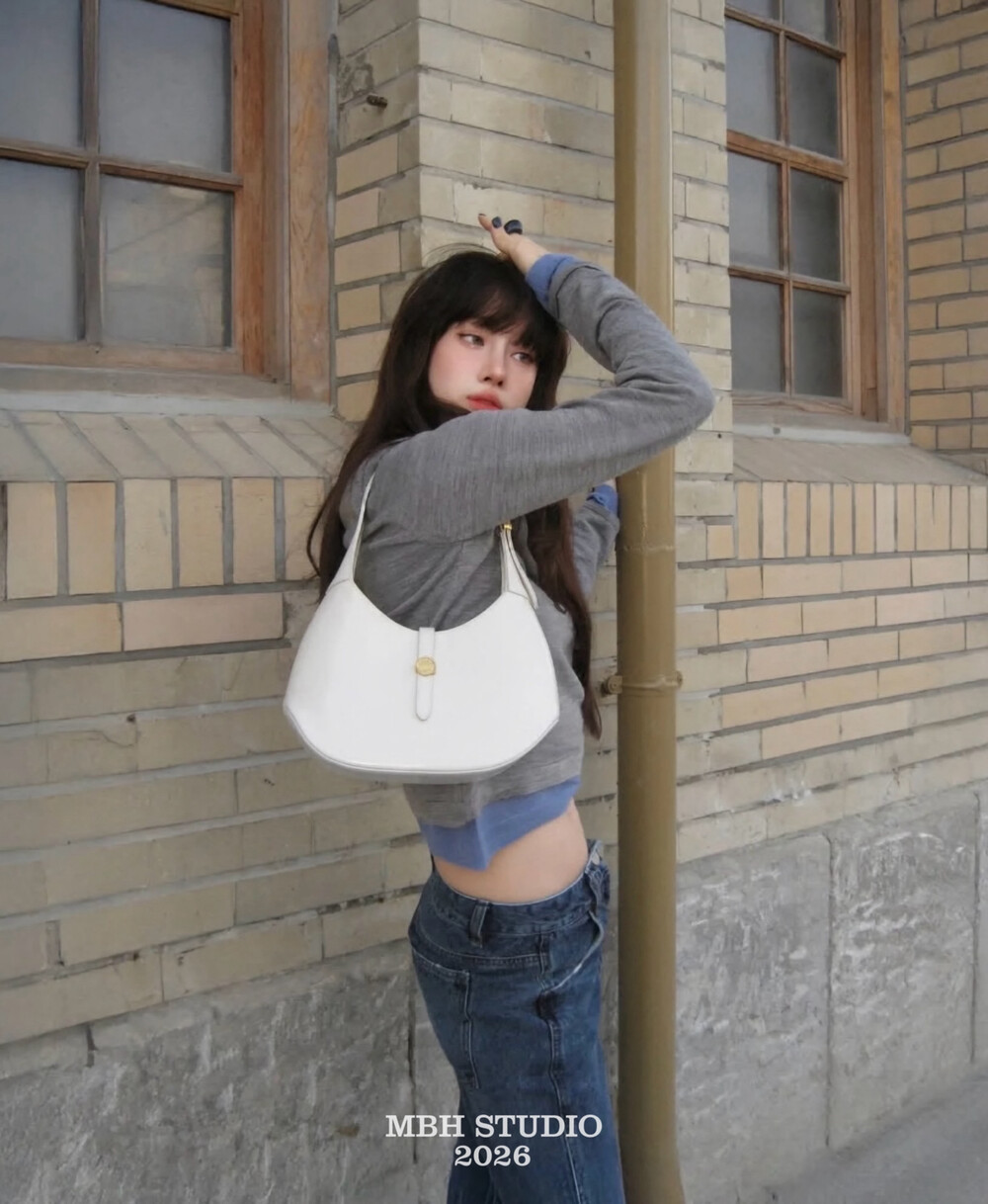 MBH Korean Lememe Minimalist Genuine Leather Crescent Crossbody Shoulder Bag for Commute